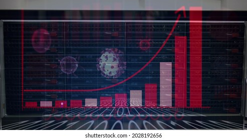 Image of digital interface with graph and floating coronavirus cells over numbers on dark background. Global digital network technology concept digitally generated image.
