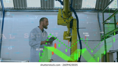 Image of digital interface with graphs, and data processing over man using digital tablet and adjusting industrial machinery. Global digital communication network concept digital composite.