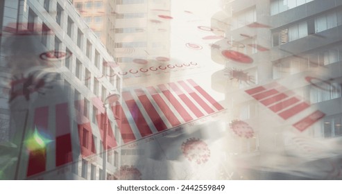 Image of digital interface with graphs and statistics over people walking on street. Global coronavirus pandemic concept digitally generated image.
