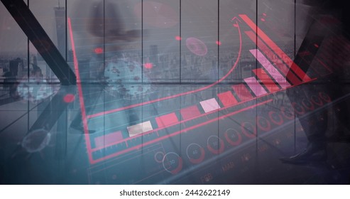 Image of digital interface with graphs and statistics over people walking in office. Global coronavirus pandemic concept digitally generated image.