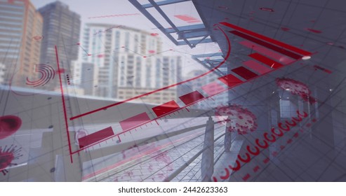 Image of digital interface with graphs and statistics over road and cars. Global coronavirus pandemic concept digitally generated image.