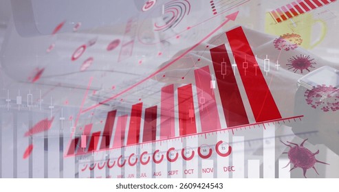 Image of a digital interface with graphs and statistics and Coronavirus cells spreading over a person typing on keyboard Covid-19 coronavirus technology interface concept digitally generated
