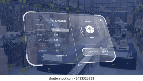 Image of digital interface with icons and data processing over diverse workers in warehouse. Global delivery, shipping and retail concept digitally generated image.