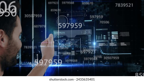 Image of digital interface with icons and data processing. Global computer network technology concept digitally generated image.