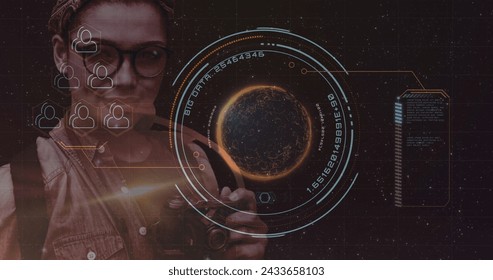 Image of digital interface with icons and data processing. Global computer network technology concept digitally generated image.