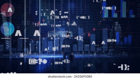 Image of digital interface with icons and data processing. Global computer network technology concept digitally generated image.