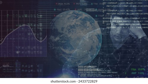 Image of digital interface with icons and data processing. Global computer network technology concept digitally generated image.