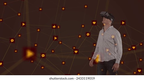 Image of digital interface with icons and network of connections with man wearing VR headset. Global computer network technology concept digitally generated image.