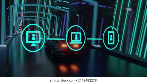 Image of digital interface with icons over car driving. Global connections, networks, data processing and digital interface concept digitally generated image.