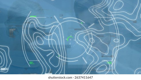 Image of digital interface and lines over caucasian couple. Global business, technology, data processing and digital interface concept digitally generated image.