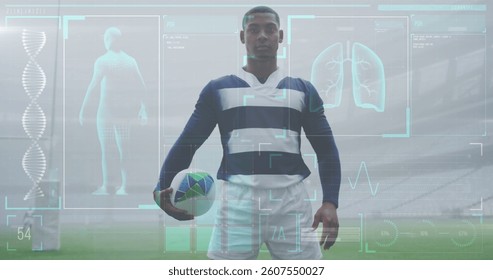 Image of digital interface with medical data processing over rugby players. medical research technology and sport concept digitally generated image.