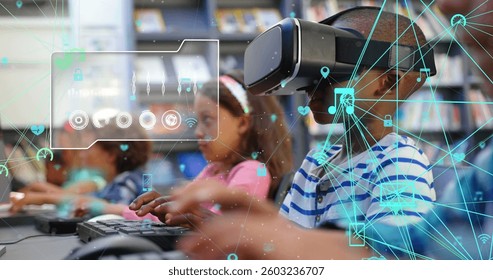 Image of digital interface and a network of connected icons over schoolboy using VR headset. Global digital network and education digital composite.