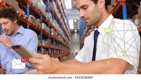 Image of digital interface with network of connections over two men counting stock in warehouse, one using digital tablet. Global digital business and financial network digitally generated image. - Powered by Shutterstock - Get 15% off with code: PIKWIZARD15