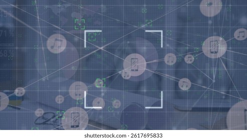 Image of digital interface with network of connections over server room. global connections, data processing and digital interface concept digitally generated image.