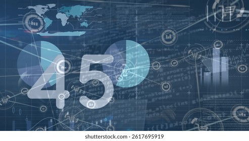 Image of digital interface and network of connections over blue background. global connections, data processing and digital interface concept digitally generated image.