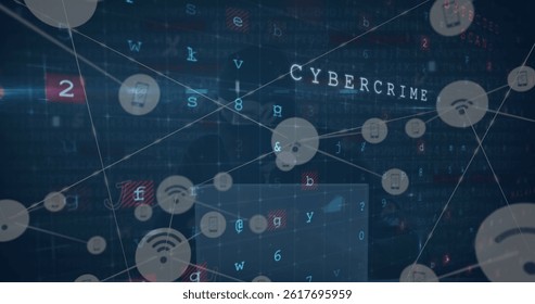 Image of digital interface and network of connections over hacker. global connections, data processing and digital interface concept digitally generated image.