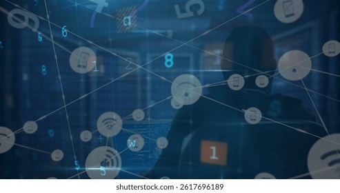 Image of digital interface and network of connections over hacker. global connections, data processing and digital interface concept digitally generated image.