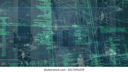 Image of digital interface with network of connections over server room. global connections, data processing and digital interface concept digitally generated image.