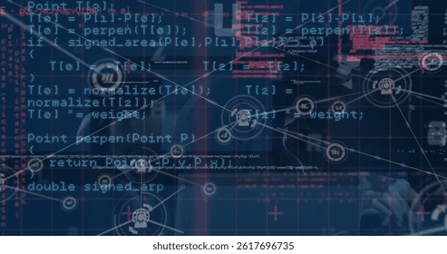 Image of digital interface and network of connections over hacker. global connections, data processing and digital interface concept digitally generated image.