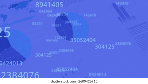 Image of digital interface with numbers changing, financial data processing and statistics recording on blue background. Global business finance economy concept digitally generated image.