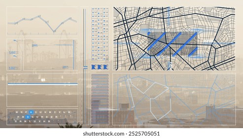 Image of digital interface on scope diagrams and data processing. Global network connections data processing technology and digital interface concept digitally generated image.