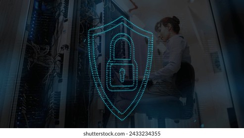Image of digital interface with online security padlock icon over woman using laptop in computer server tech room. Global computer network technology concept digitally generated image.