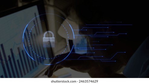 Image of digital interface online security over man working with computer screen showing statistics Global technology data security finance business concept digitally generated image.