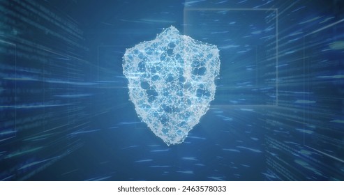 Image of digital interface online security shield over moving light trails on blue background. Global technology data security finance business concept digitally generated image.