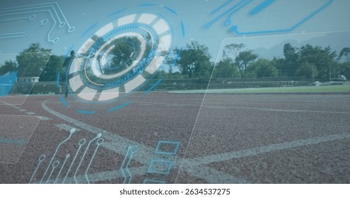Image of digital interface over african american men with physical disability running. Global sports, digital interface and data processing concept digitally generated image.