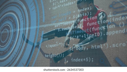 Image of digital interface over african american men with physical disability running. Global sports, digital interface and data processing concept digitally generated image.