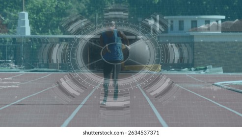 Image of digital interface over african american men with physical disability running. Global sports, digital interface and data processing concept digitally generated image.