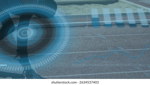 Image of digital interface over african american men with physical disability running. Global sports, digital interface and data processing concept digitally generated image.