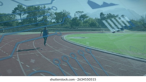 Image of digital interface over african american men with physical disability running. Global sports, digital interface and data processing concept digitally generated image.