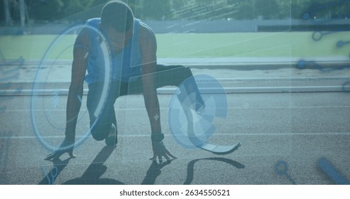 Image of digital interface over african american men with physical disability running. Global sports, digital interface and data processing concept digitally generated image.