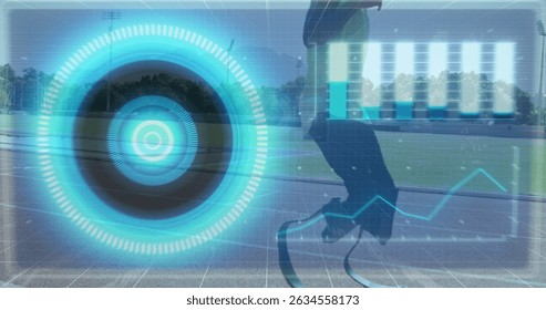 Image of digital interface over african american men with physical disability running. Global sports, digital interface and data processing concept digitally generated image.