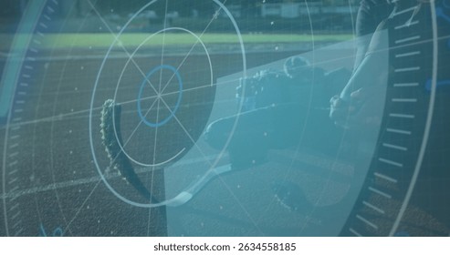 Image of digital interface over african american men with physical disability running. Global sports, digital interface and data processing concept digitally generated image.