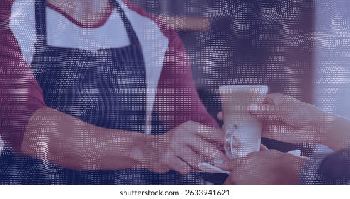Image of digital interface over barista is making coffee. Global connections, data processing and digital interface concept digitally generated image.