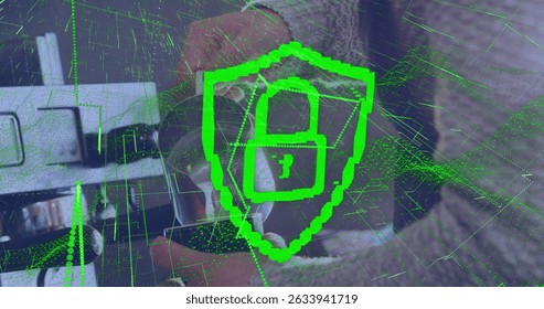 Image of digital interface over barista is making coffee. Global connections, data processing and digital interface concept digitally generated image.