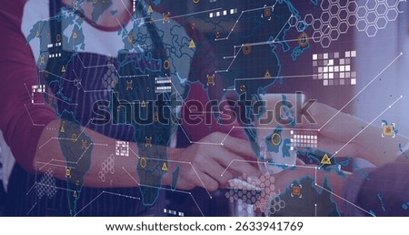 Image of digital interface over barista is making coffee. Global connections, data processing and digital interface concept digitally generated image.