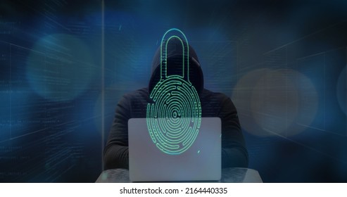 Image of digital interface over biometric fingerprint and hacker in hood using laptop computer. Global network online security concept digital composite.