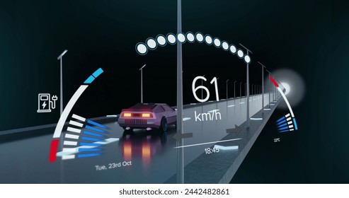 Image of digital interface over car driving. Global connections, networks, data processing and digital interface concept digitally generated image.