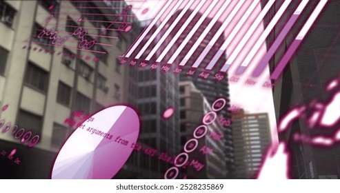 Image of digital interface over cityscape. global connections, data processing and digital interface concept digitally generated image.
