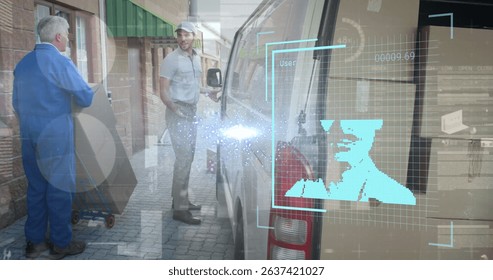 Image of digital interface over delivery man next to a car. Global business, finances, connections, technology, data processing and digital interface concept digitally generated image. - Powered by Shutterstock - Get 15% off with code: PIKWIZARD15