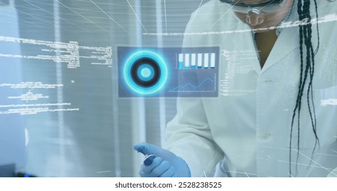 Image of digital interface over laboratory. Global science, connections, data processing and digital interface concept digitally generated image.