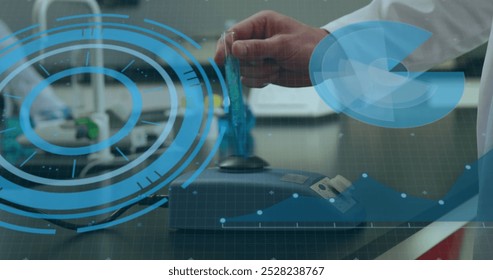 Image of digital interface over laboratory. Global science, connections, data processing and digital interface concept digitally generated image.