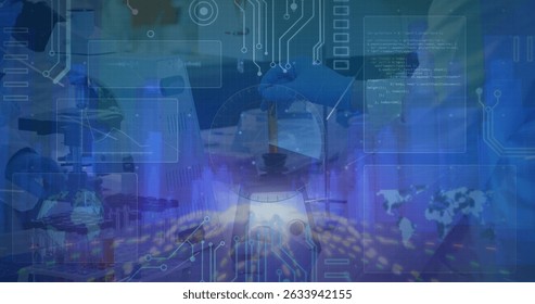 Image of digital interface over laboratory. Global science, connections, data processing and digital interface concept digitally generated image.