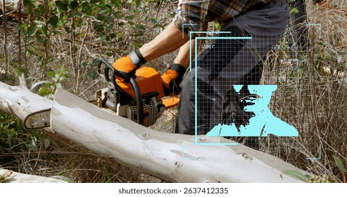 Image of digital interface over lumberjack. Global connections, data processing and digital interface concept digitally generated image.