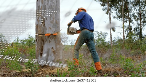 Image of digital interface over lumberjack. Global connections, data processing and digital interface concept digitally generated image.