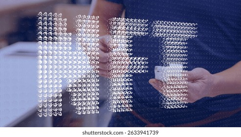 Image of digital interface over people using payment terminal. Global connections, data processing and digital interface concept digitally generated image.