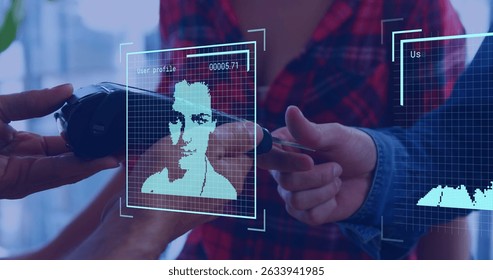 Image of digital interface over people using payment terminal. Global connections, data processing and digital interface concept digitally generated image.